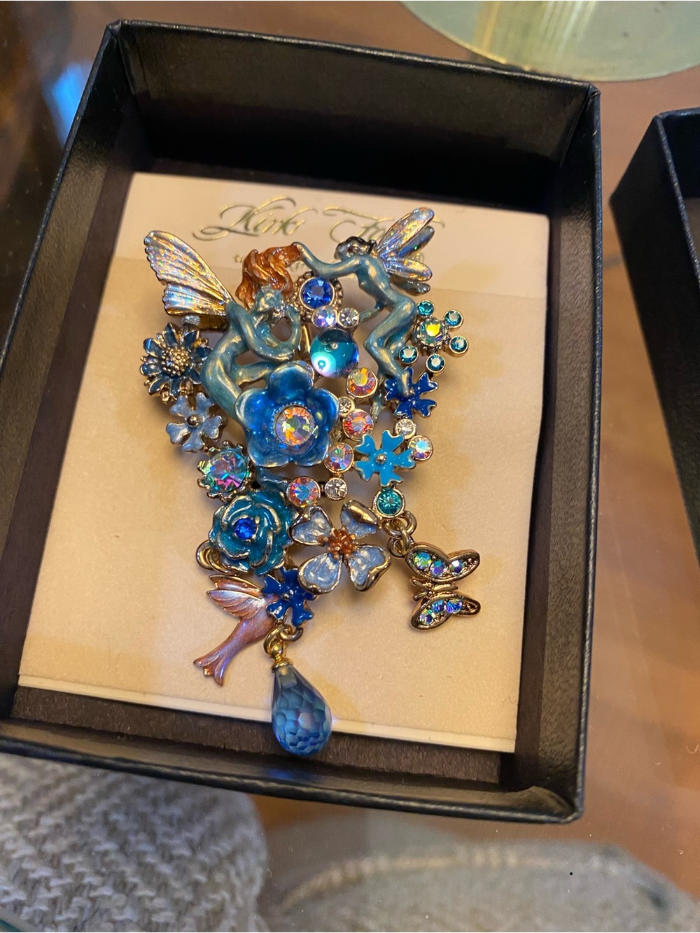Kirk’s Folky Blue Floral Fairy Brooch with Crystal Accents NRFB